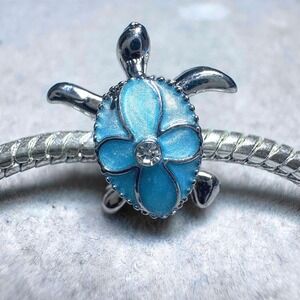 Silver Tone Turtle Charm Blue Enamel Charm fits Pandora